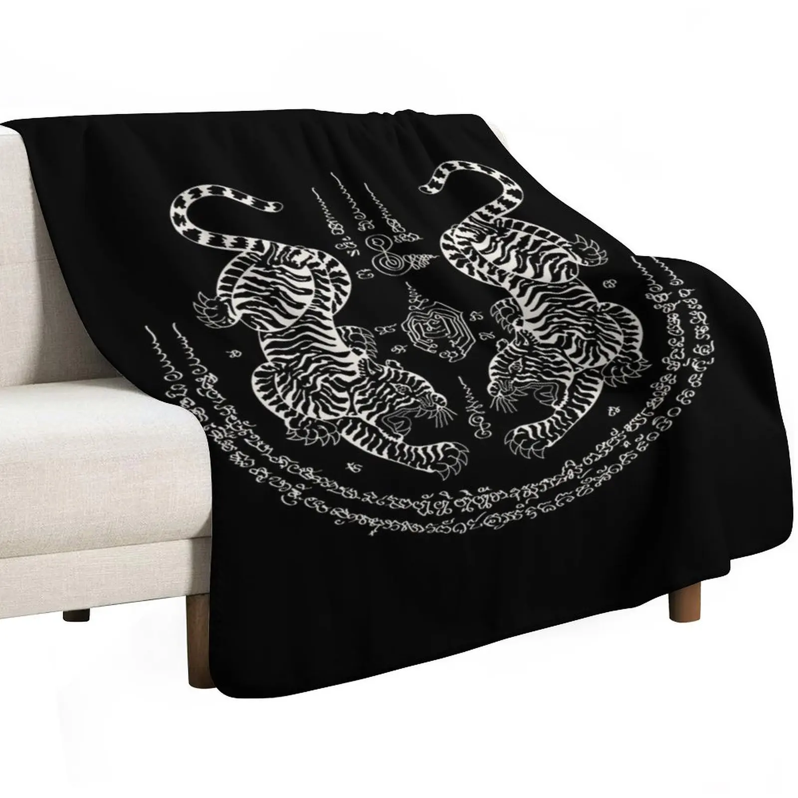 Sak Yant Thai Tattoo Twin Tiger Muay Magical Thailand Igloo White Throw Blanket warm winter Thermals For Travel Blankets