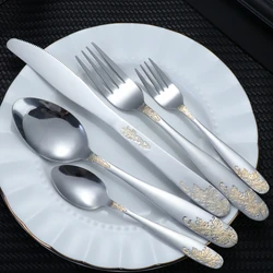 4/5/6/30pcs stainless steel exquisite gold-plated plant flower pattern knife, fork, spoon wide handle tableware set