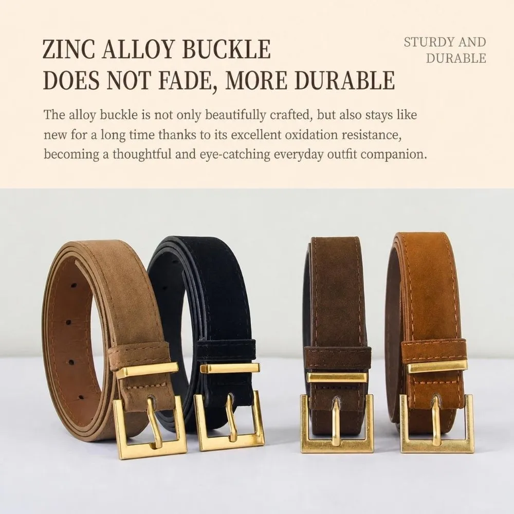 Vintage Square Alloy Pin Buckle Waist Belt Matte Faux Suede Casual Waist Strap Simple Suede Leather Belt For Jeans & Dress