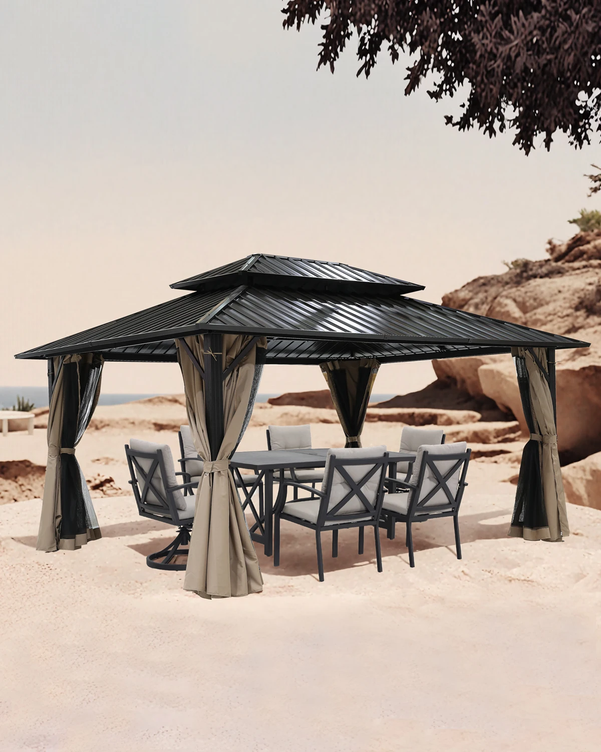 

10x12 WeatherFlex 3-in-1 Bugproof Mesh Gazebo Stormproof Dual Roof & Snap-On Curtains for Outdoor Patio Oasis