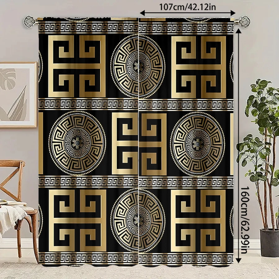 

2 pieces of golden rune pattern printed curtains, bedroom and living room, home decoration, room decoration