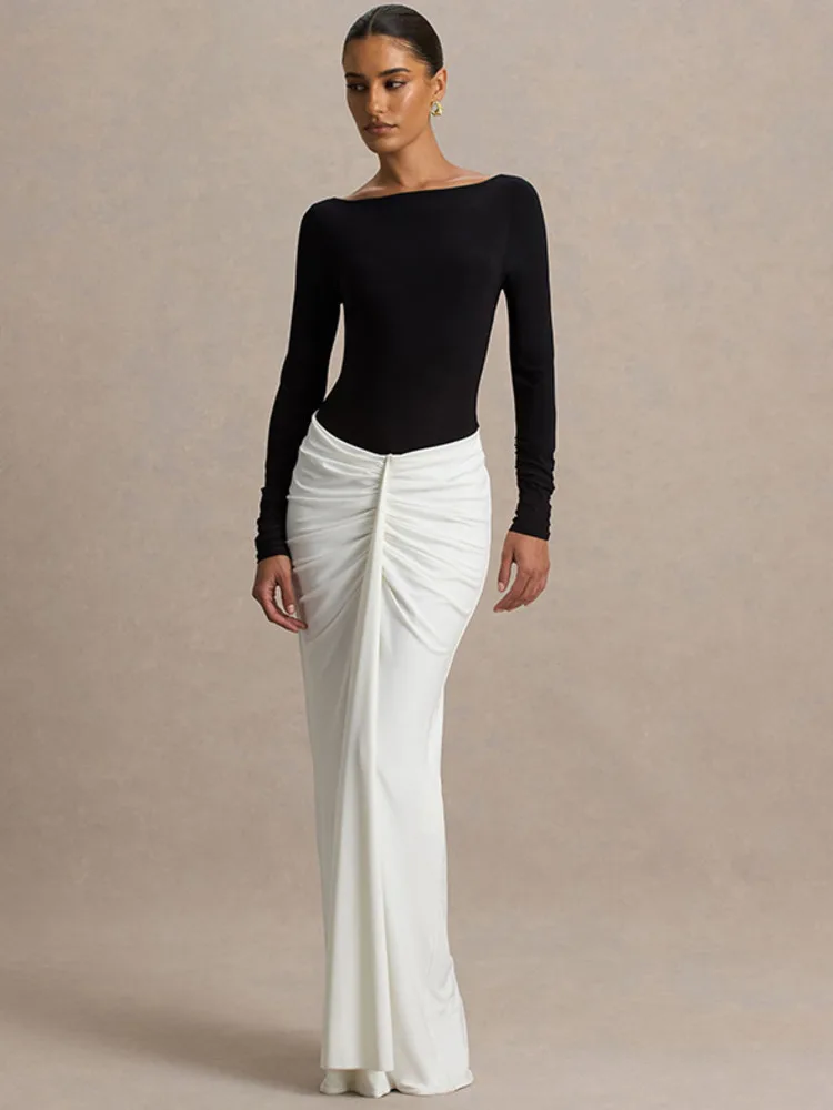 

Mozision Long Sleeve Backless Sexy Maxi Dress Women Gown Fashion Patchwork High Waist Draped Ruched Club Party Long Dresses