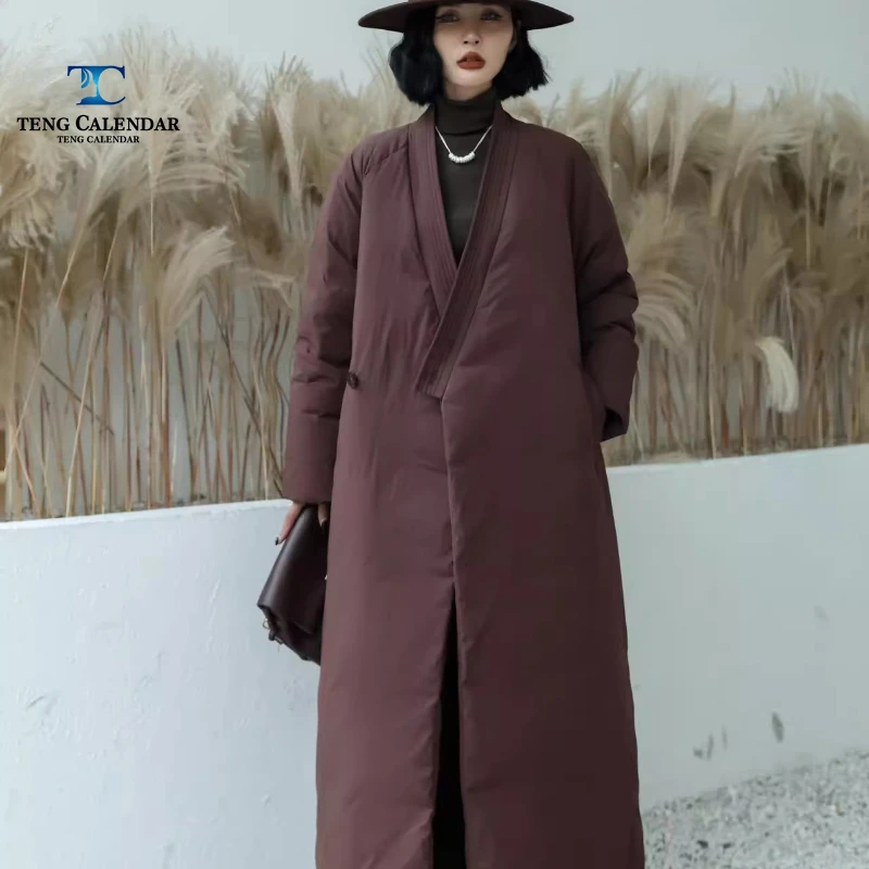 Winterdonsjack, hoogwaardige knielengte luie stijl taille cinched witte eendendonsjas, dames 2025, nieuwe stijl