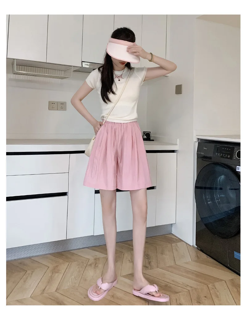 Solid Color Casual Summer Shorts for Women Thin Breathable Elastic Waist Shorts Woman Vacation Loose Wide Leg Shorts Beach Pants