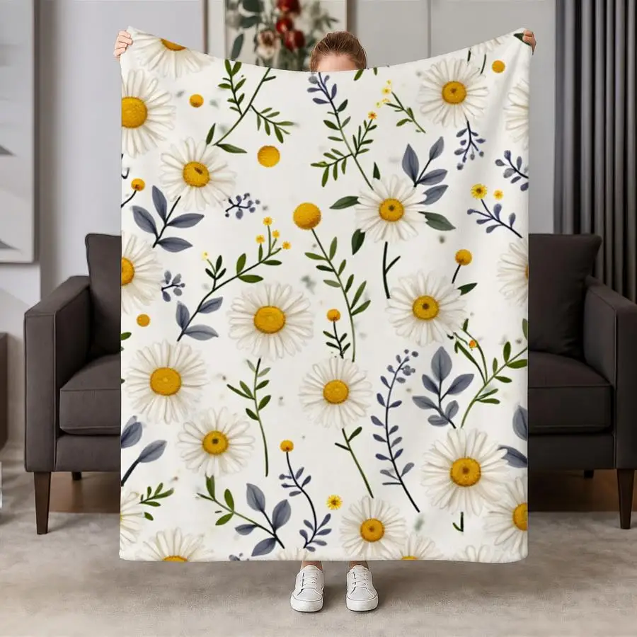 Soft Hand-Drawn Daisy Flannel Throw Blanket - Cozy White Floral Pattern with Green Leaves, Warm Decor for Couch & Bed, Ideal Gift for Home Office 2D Flat Weighted Blanket 280GS