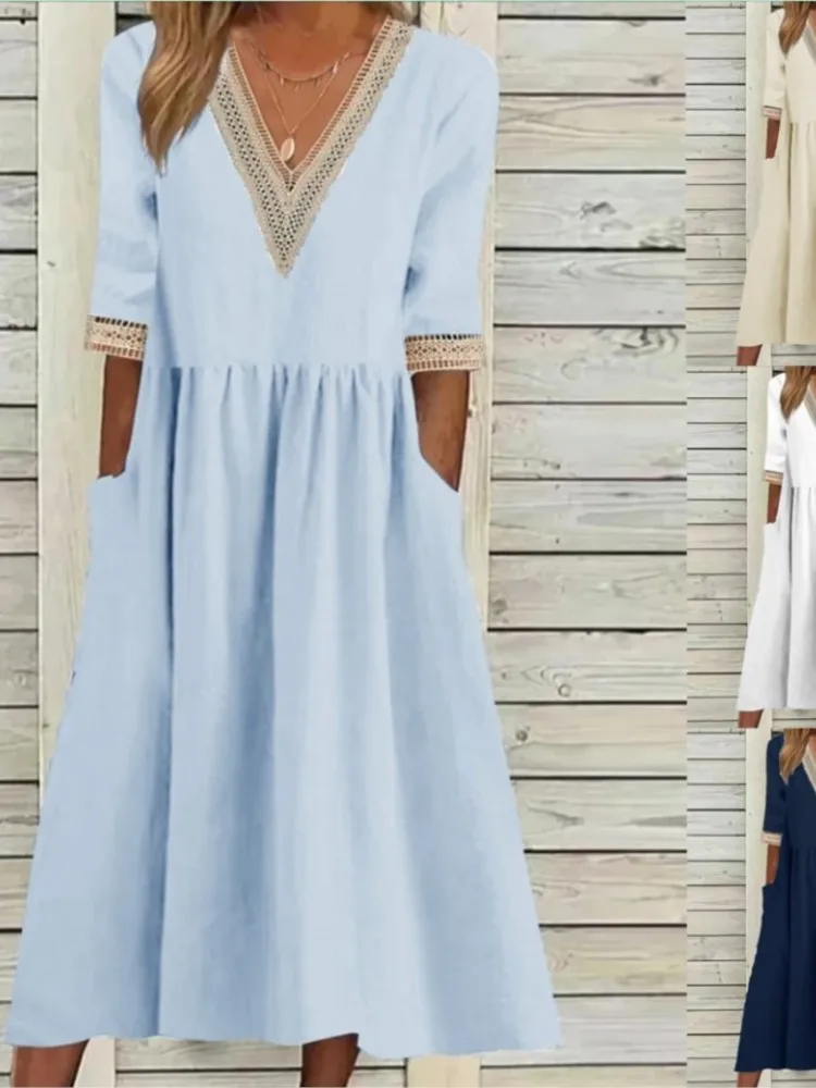 Loose Lace Splicing V Neck Half Sleeve Long Dress Women Solid Cotton Linen Dresses Female Srping Summer Pocket Robe Femme