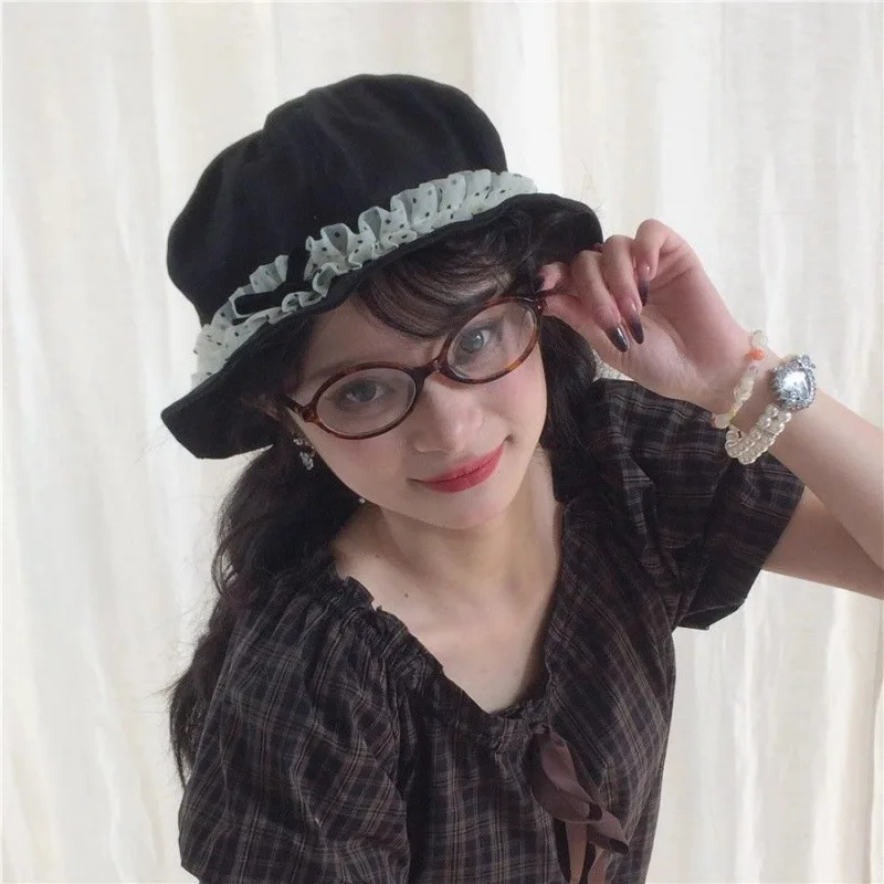 

Japanese-style Sweet-girl Black Fisherman's Hat Bow-tie Lace-trimmed Navy Flat Cap Niche Autumn Sun Protection Decorative Hats