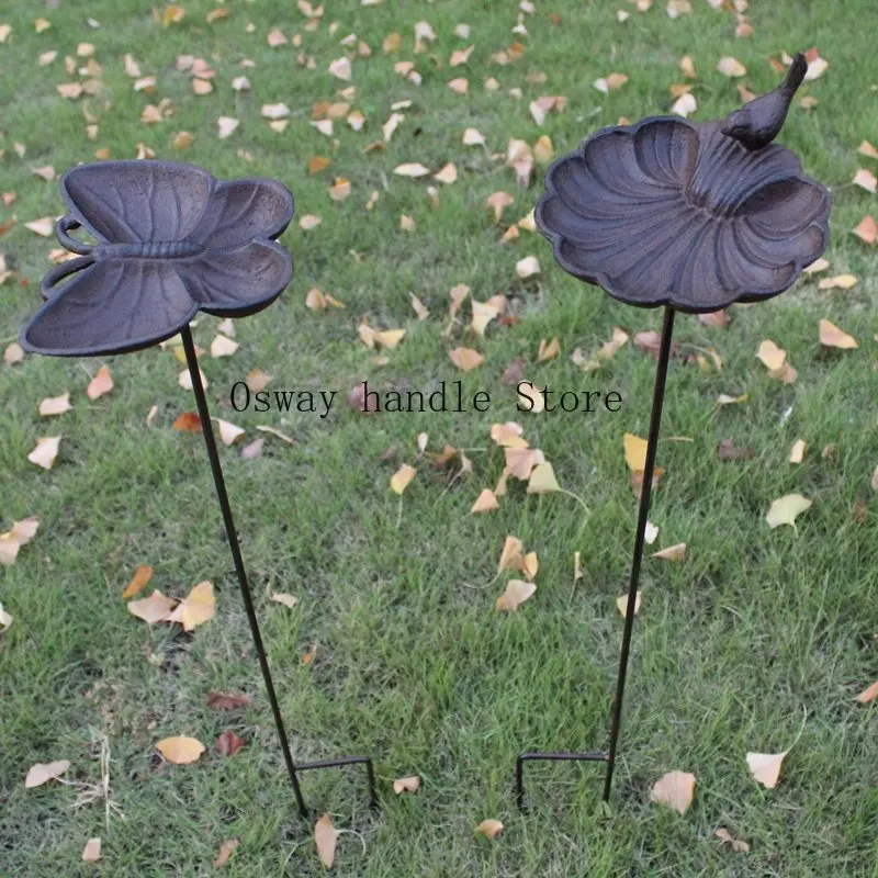 European Vintage Home Garden Decor Cast Iron Bird On Seashell Shaped Bird Feeder with Long Plug Heavy Sturdy Metal Birdbath