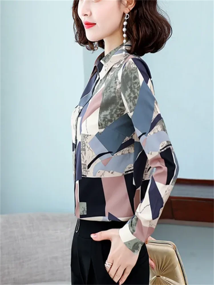 Fashion Chiffon Blouses Women Shirt Floral Top Basic Cardigan Women Shirts Polo Neck Long Sleeve Blous Button Up Female Blouses