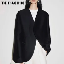 7.22 TOPACHIC-Women Clothes Contrast Color Pocket Spliced V-Neck Slim Long Thin Blazer Or High Waist Black Pants Set