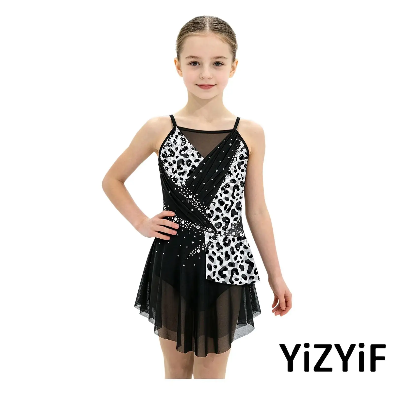 Girls Figure Skating Bodysuit Adjustable Spaghetti Straps Sleeveless Rhinestones Ballet Leotard Dress for Gymnastics Dancewear