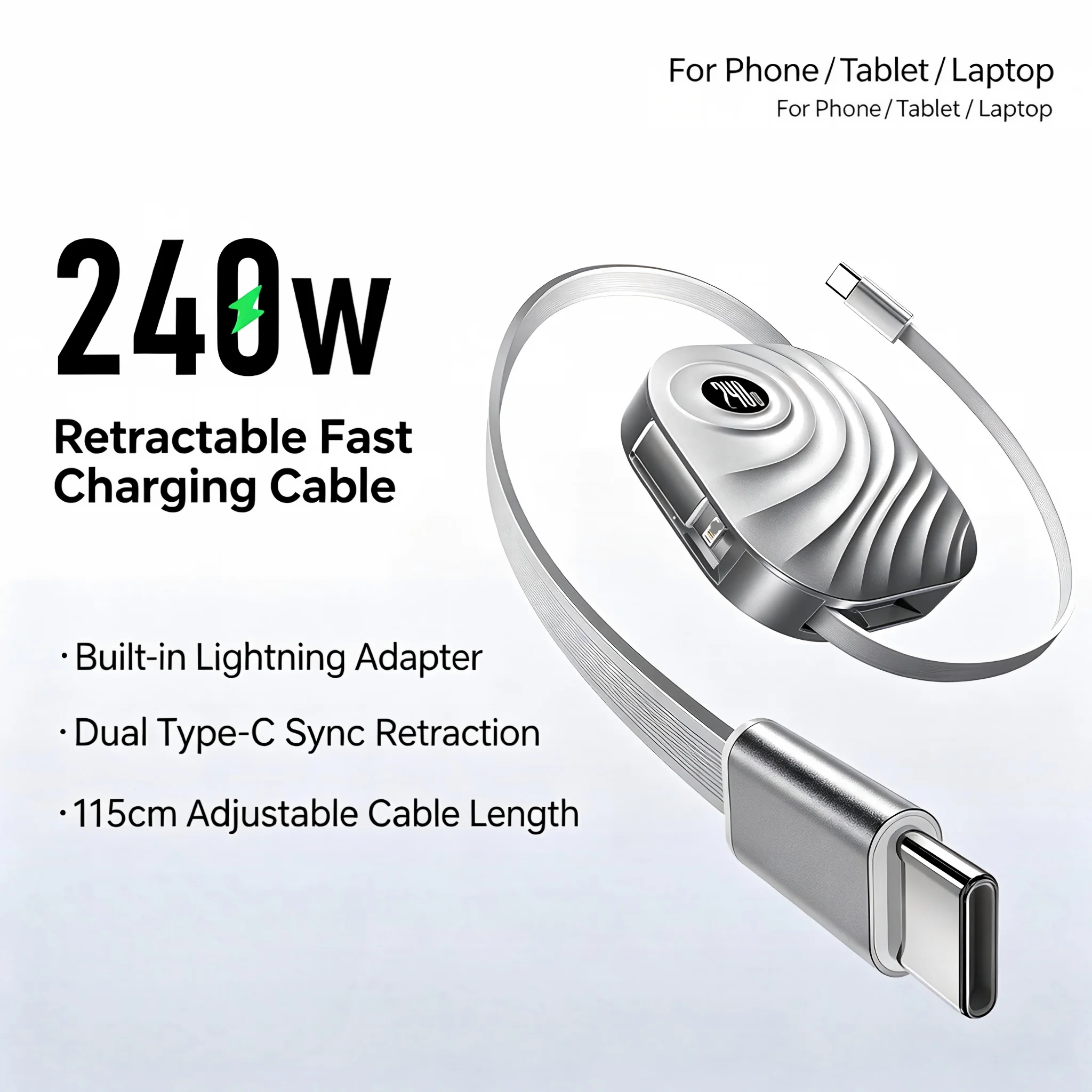 Portable Retractable PD 240W USB C Cable Fast Charging Wire retractable super fast charging data cable For iPhone iPad Samsung