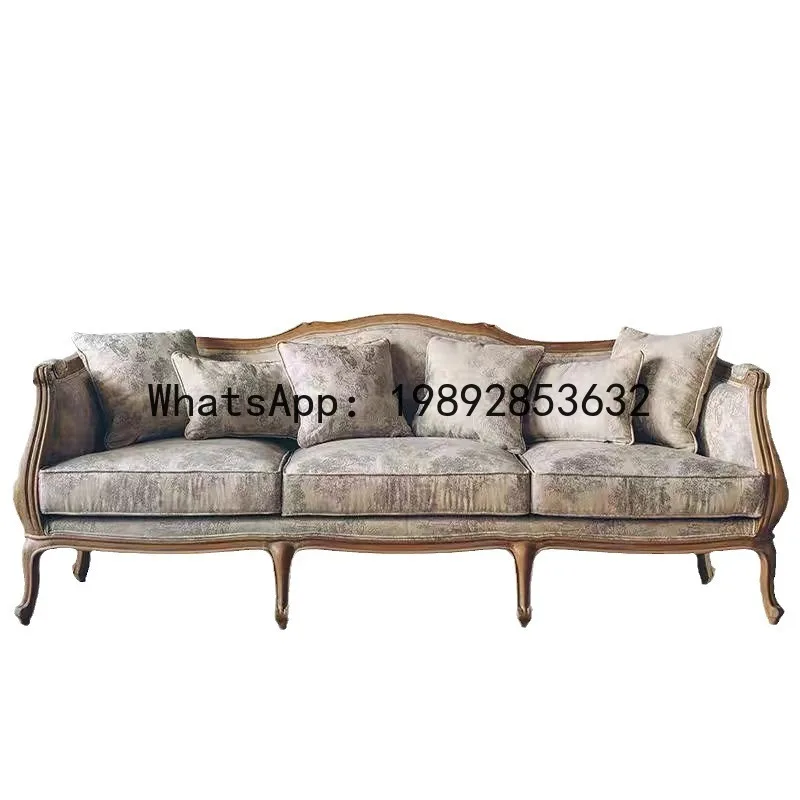 Yy french retro solid wood sofa american country living room fabric large sofa carved three-seater chair
