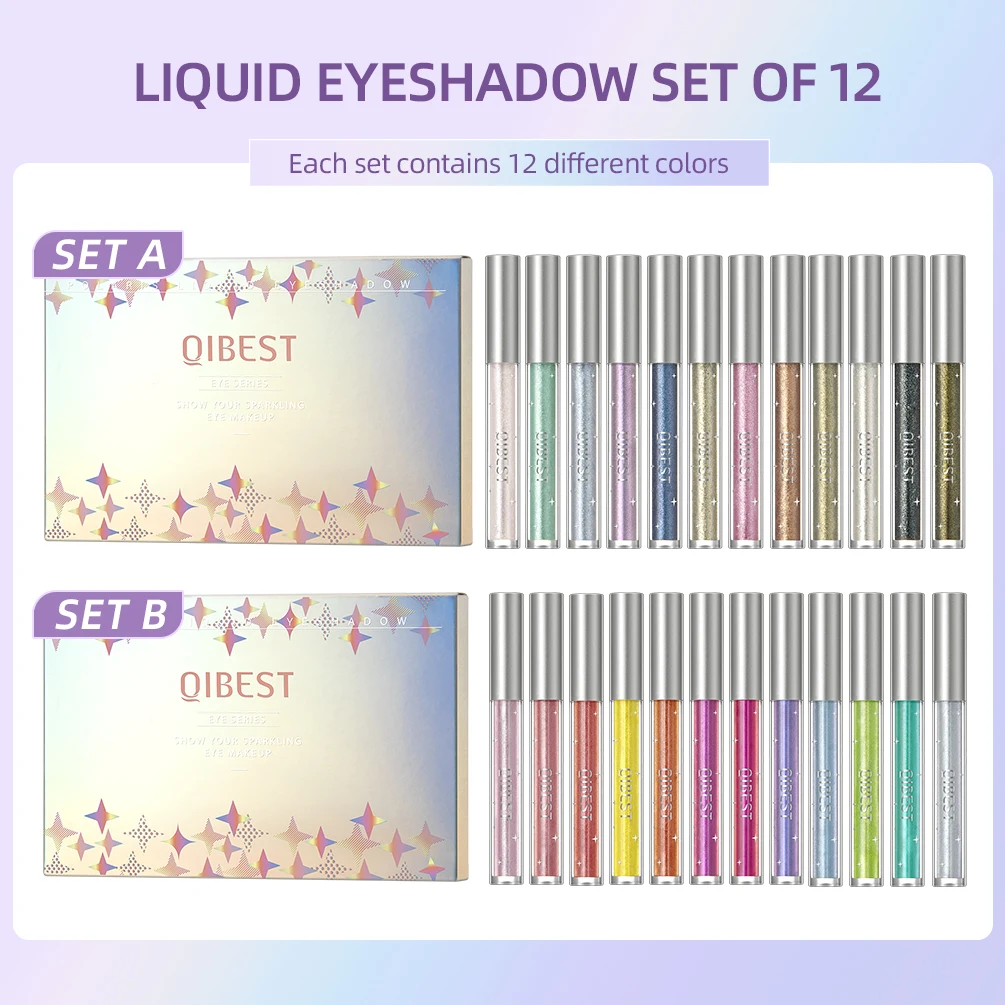 QIBEST 12 Colors Glitter Liquid Eyeshadow Waterproof Metallic Pearly Eye Shadow Set Eye Pigment Korean Makeup For Women Cosmetic