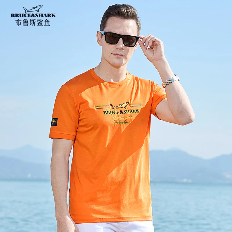 Summer New Straight Men's Short T Shirt Round Neck Bruce&Shark Fashion Embroidery Men's Causal Tees Mecerized Cotton Big Size