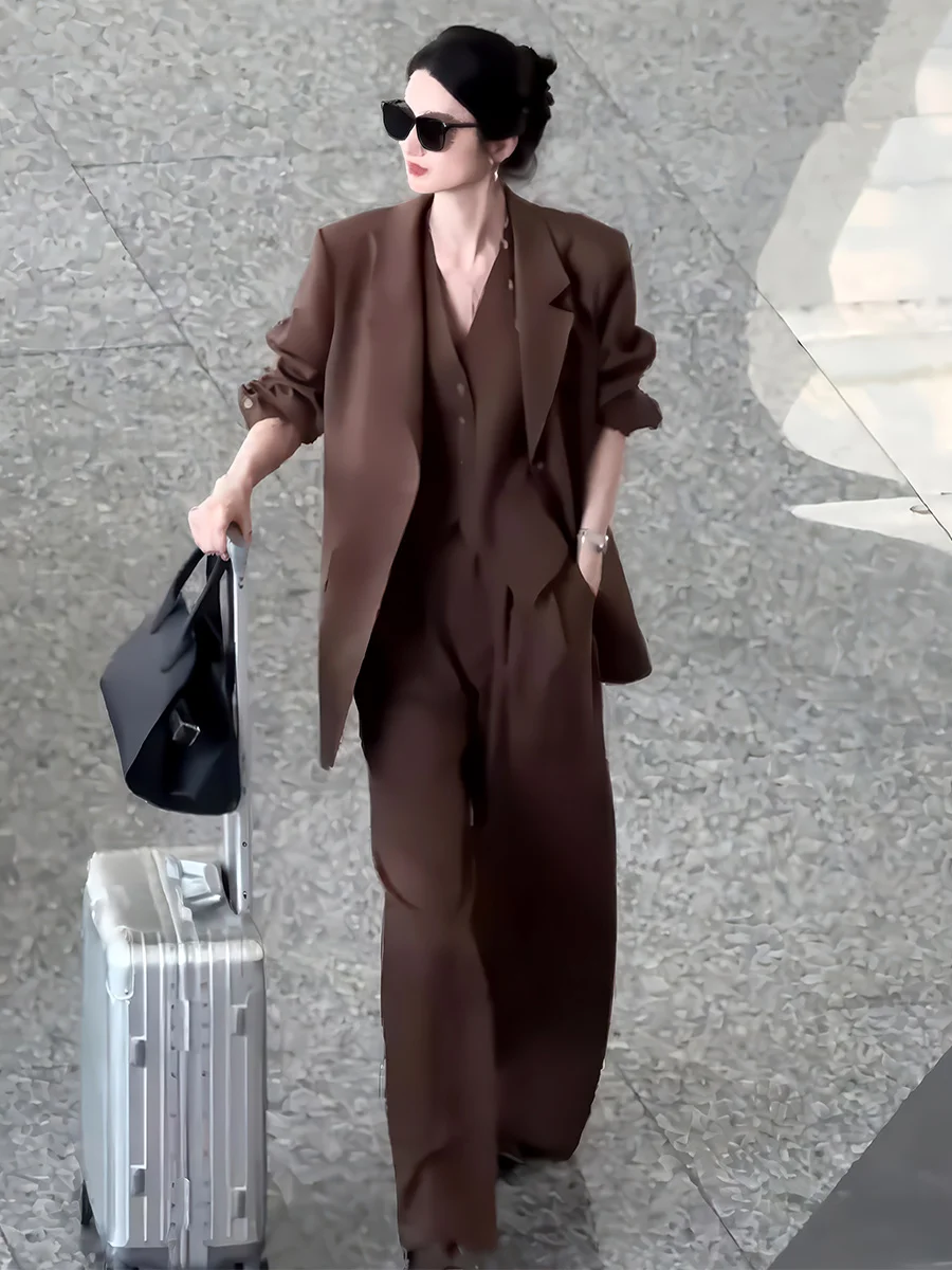 

Ele Godd Sle Women's Suiting Set High End Retro Spring Outfit Long Pants Jaet Vest Tee Piece Adult Faion Set