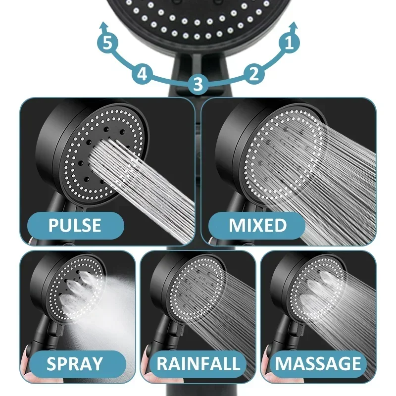 Circular Shower Head Water Saving 5 Modes Adjustable High Pressure Showerhead Handheld Spray Hangable Bathroom Accessories