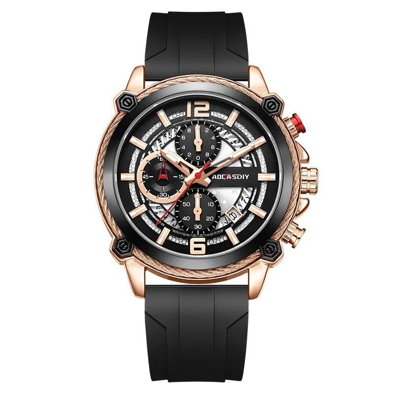 Foreign trade new men's watch multi-functional waterproof quartz watch luminous calendar silicone tape men's watch**