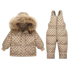 -30 Degrees Kids Clothing Set 2025 Winter New Baby Thick Fur Hooded Duck Down Jacket + Overalls Jumpsuit Suit 2Pcs Girls Boys