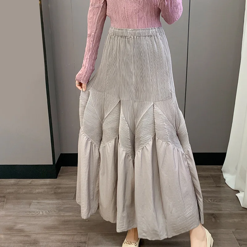 WHTREND jupe plissée à la main automne nouveau Style taille élastique Patchwork élégant ample polyvalent jupe pliante WH1089