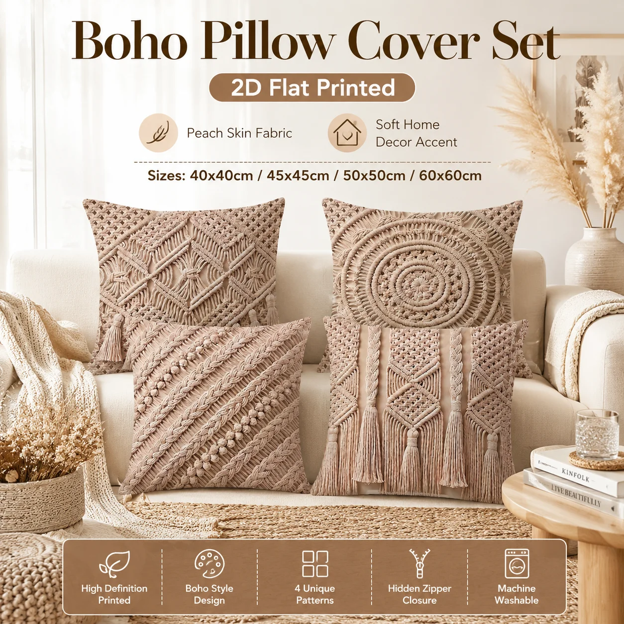 Geometric Macrame Print Pillowcase 2D Flat Printed Peach Skin Throw Pillow Cover Couch Bed Home Decor Boho Style Cushion Case