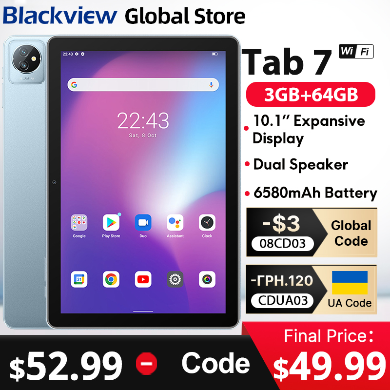  Blackview Tab 7 WIFI 10.1 Inch Tablet HD+ Display 5GB(3+2 Expand) RAM 64GB ROM 6580mAh Battery Android 12 Touch Screen Tablets 