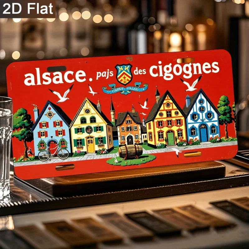 مسطح ثنائي الأبعاد - قطعة واحدة من لافتة معدنية عتيقة من Alsace Pays des Cigognes، ديكور حائط من الألومنيوم، رسم توضيحي للقرية الفرنسية الريفية