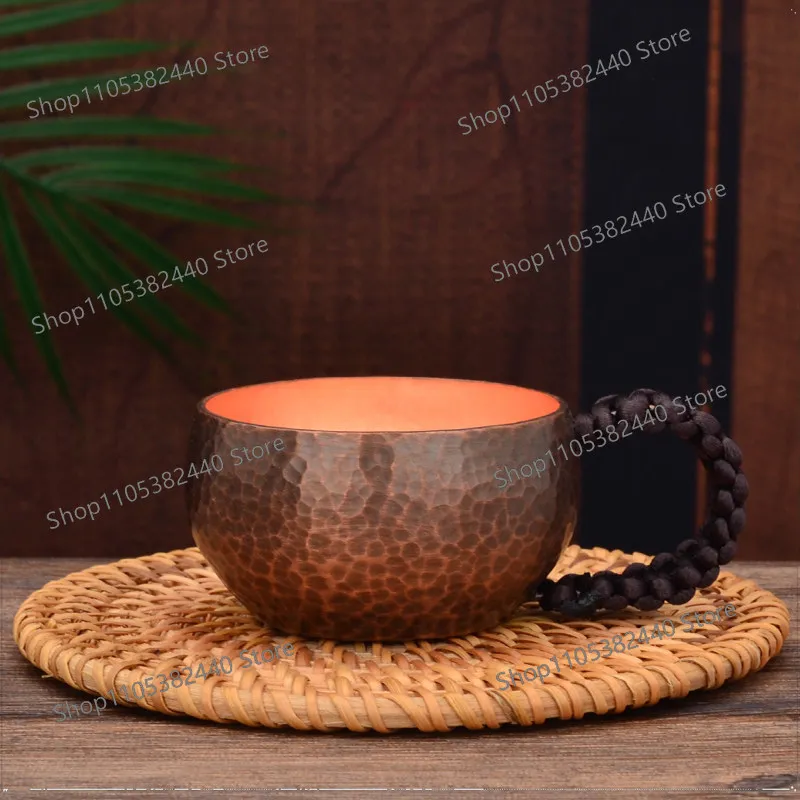 Handmade Red Copper Cup with Handle, Vintage Hammered Tea Mug for Gongfu Tea and Coffee, Pure Copper Drinking Cup