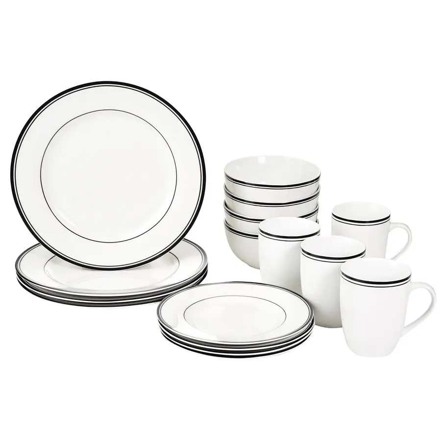 

16Piece Cafe Stripe Kitchen Dinnerware Set, Plates, Bowls, Mugs, Service for 4, Black