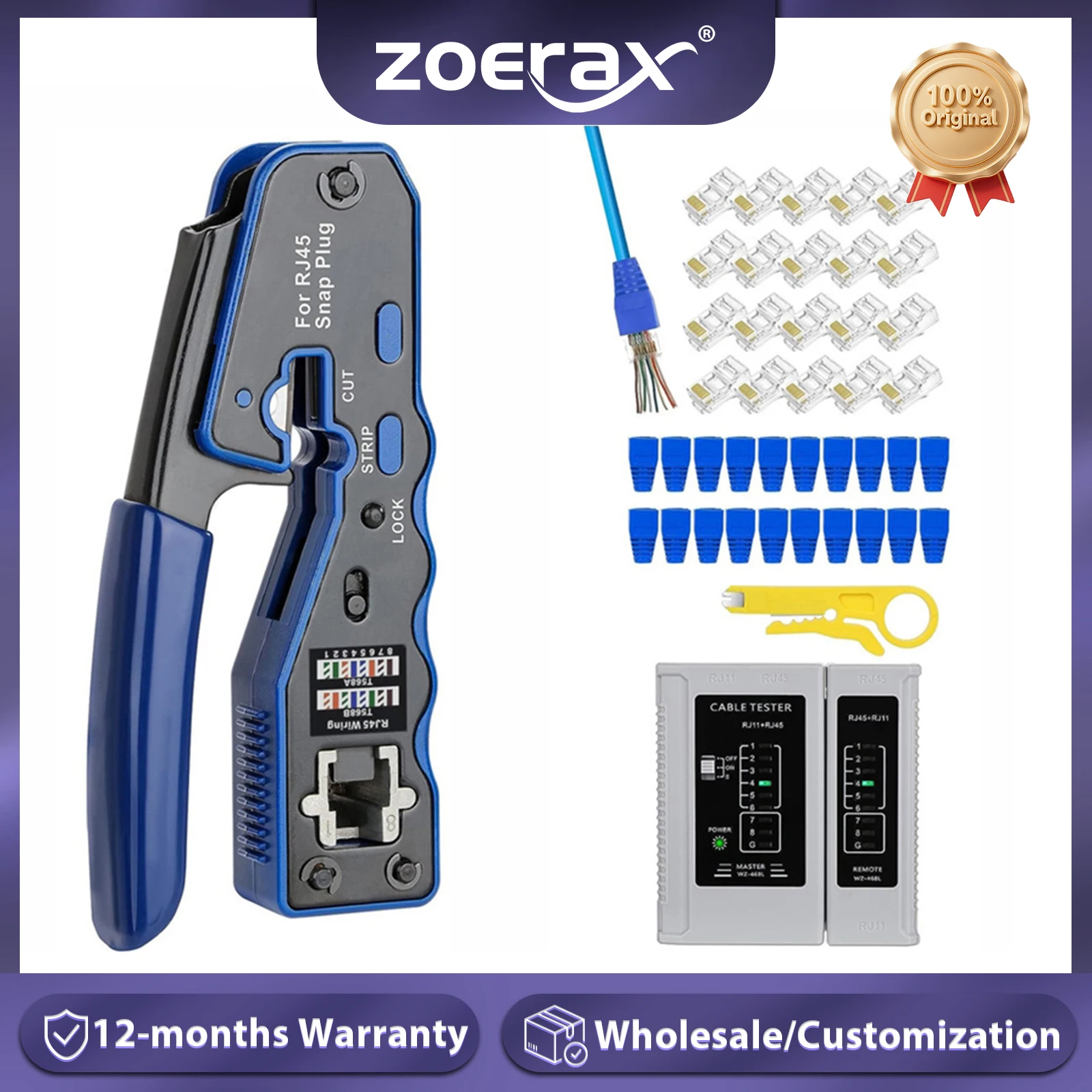 ZoeRax RJ45 Crimp Tool Kit Pass Through Ethernet Crimper and Tester for Cat5e Cat6 Cat6a 8P8C Modular Connectors