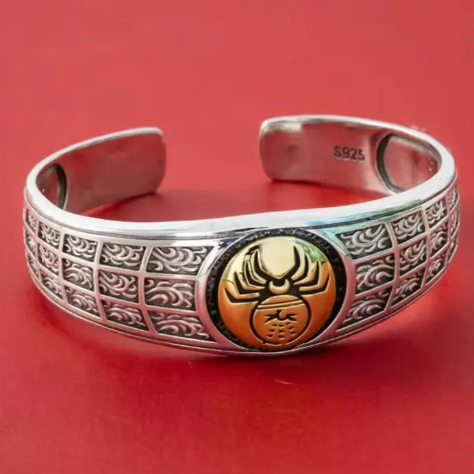 S925 Sterling Silver Handmade New Wide Face Old Fashion Men's Bracelet Retro Craft European and American Thai Silver Jewelry Spi