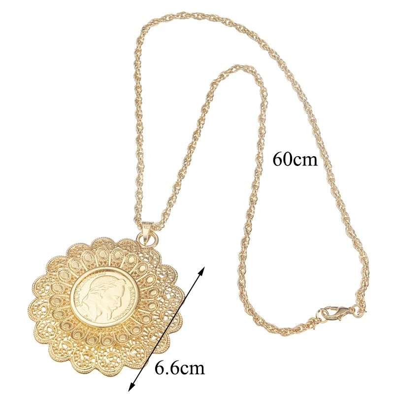 Round Flower Shape Coin Pendant for Women Algerian Wedding Necklace 60cm Long Chain Napoleon Figure French Coin Jewelry