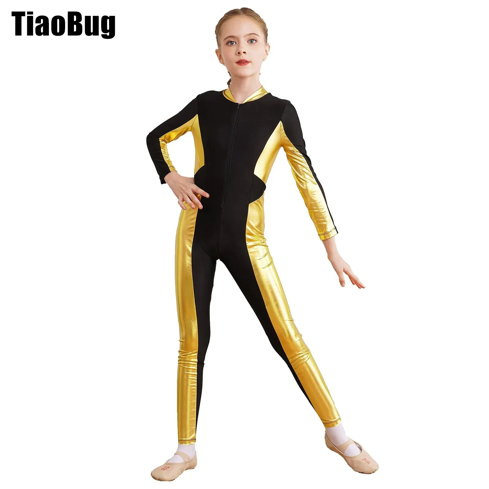 

Kids Girls Metallic Patchwork Unitard Color Block Zipper Stand Collar Long Sleeve Jumpsuit for Skating Acrobatics Performance