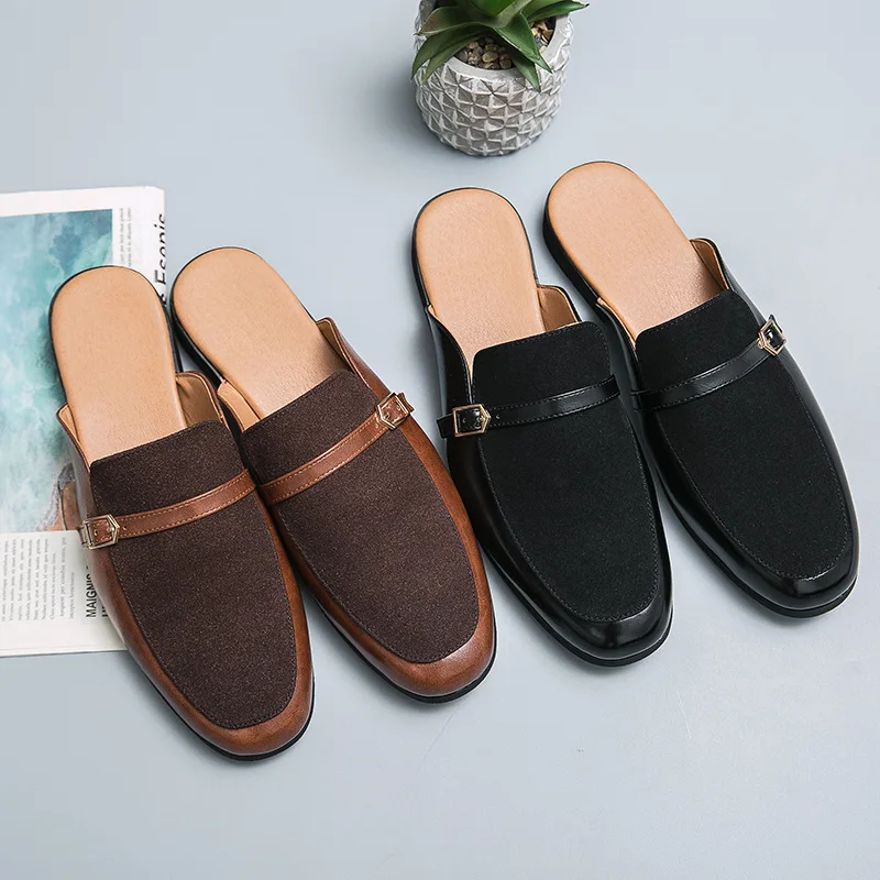 Fashion Business Leather Shoes British Style Half Slippers Large Breathable Slippers Men Slippers Men Shoes Men Sandals