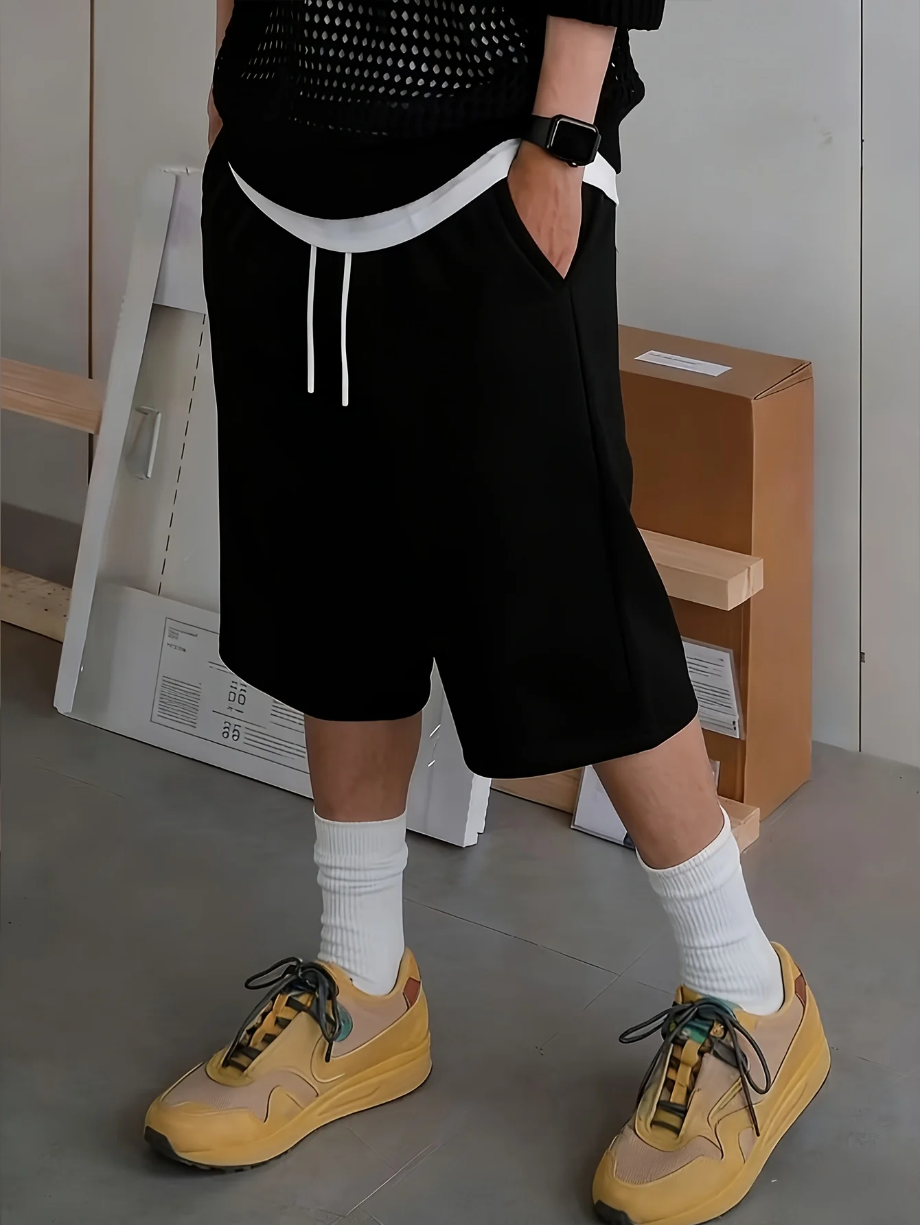 American High Street Style Solid Color Wide Leg Shorts Drawstring Design Versatile Pants Hanging Men's Straight Leg Loose Shorts