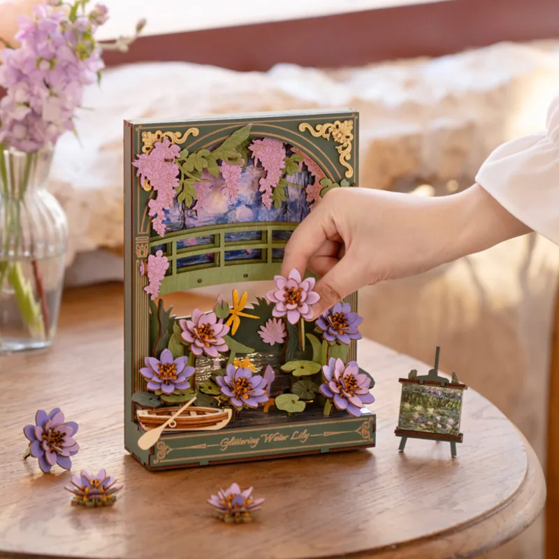 Puzzle 3d en bois de nénuphar, tournesol doré avec lumière LED, Kits de modèles de fleurs, affichage de table, Art mural pour enfants, cadeaux