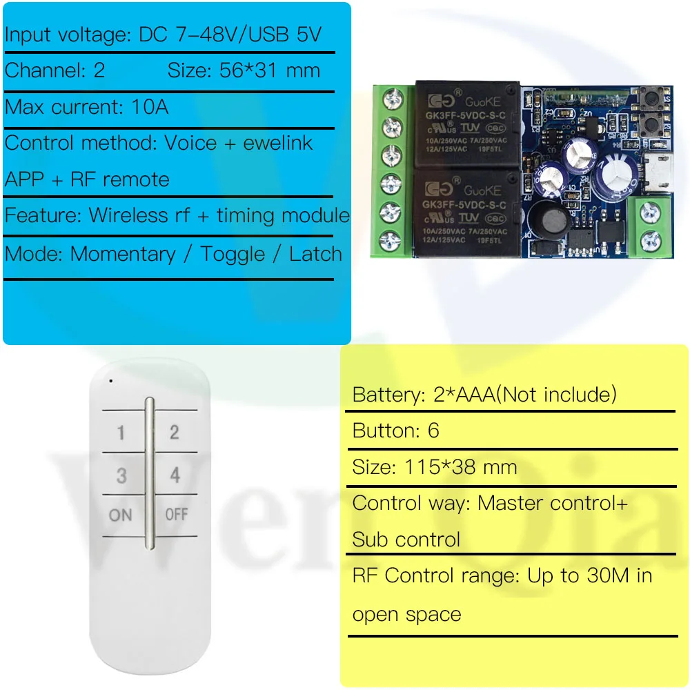 Ewelink Switch WiFi RF Remote Control Switch DC 7V 12V 24V 48V 2CH Timing Relay Receiver for Garage/Motor/Light,work with Alexa