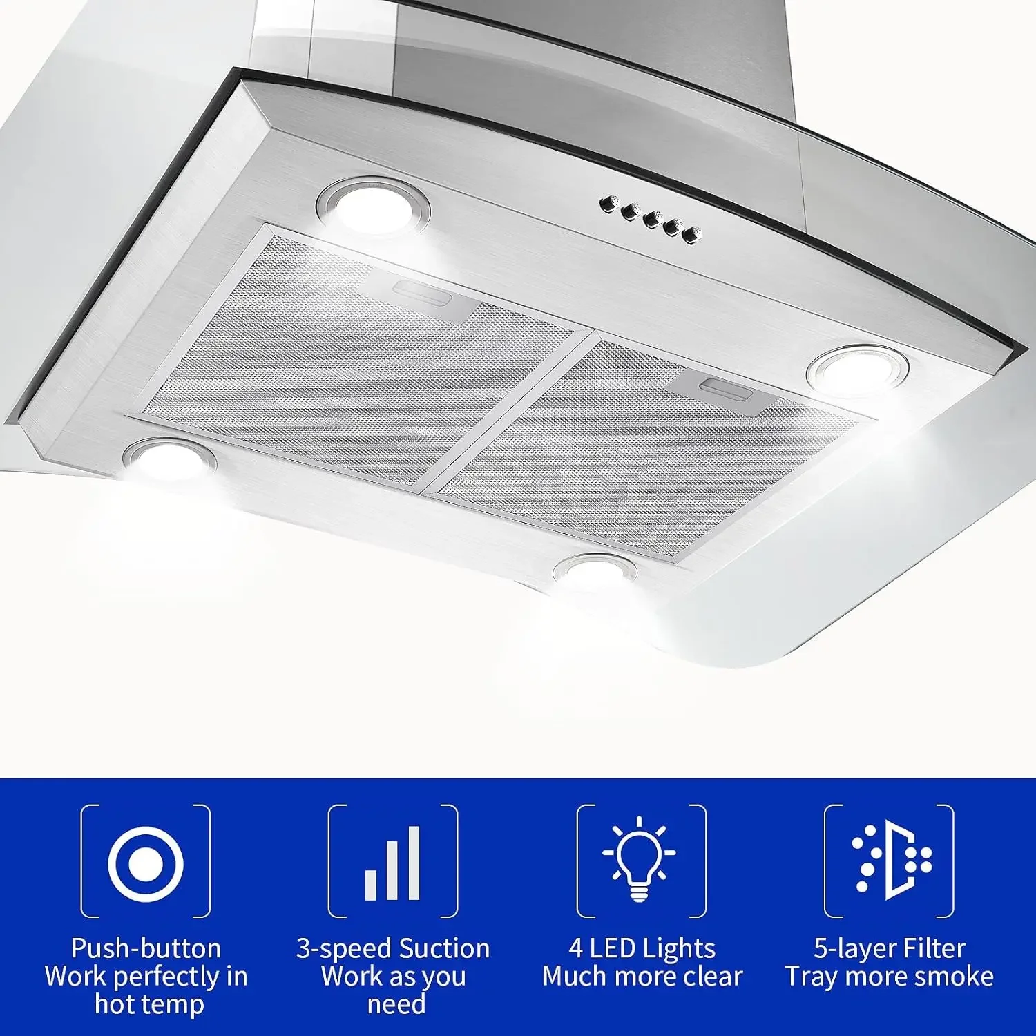 30 inch Island Range Hood Stainless Steel 700 CFM Push Button Control Kitchen Exhaust Ventilation Fan with 5-layer Mesh Filters