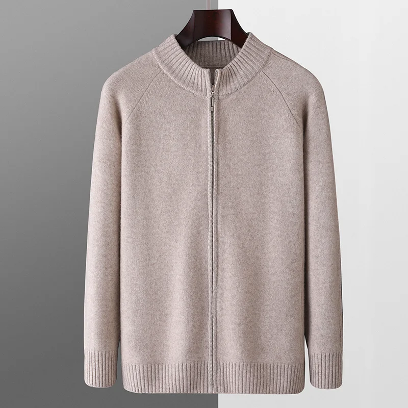 

100%Pure Wool Sweater Autumn Winter Men's Wool Cardigan Turtleneck Zipper Knit Cardigan Thickened Sweater Coat Men Casual Jacket