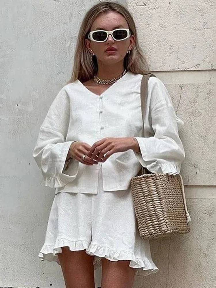 

Casual Cotton Solid Ruffles Short Suit Women Fashion V Neck Full Sleeve Button Shirt 2 Piece Set Summer Lady New Holiday Outfit