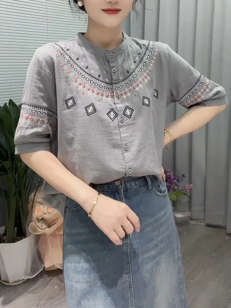 

Летняя коллекция 2025: Женская одежда больших размеров в стиле ретро с этническими вышивками и пэчворком, стройнящая фигуру, модная повседневная рабочая одежда