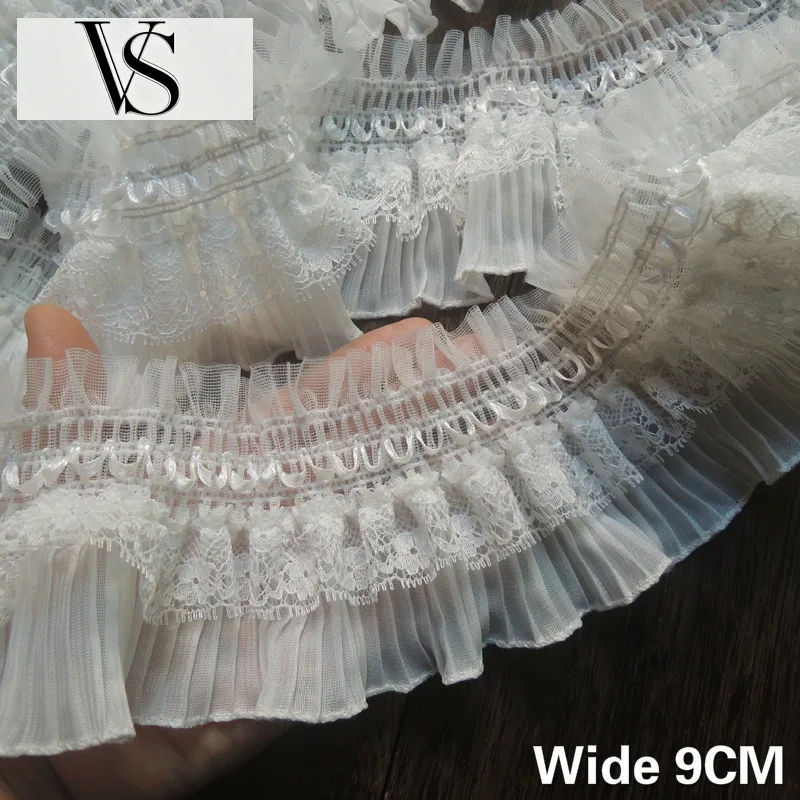 Lace Decor 9CM Beautiful Wide White Stretch Black Lace Chiffon Fabric Dress Ruffle Collar Trim Ribbon Wedding Sewing Guipure