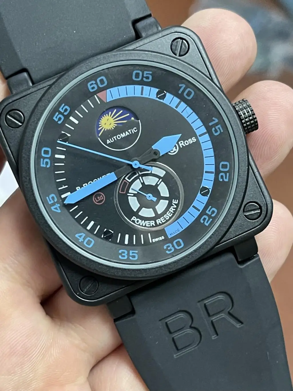 46 mm Herrenuhr, schwarze Gummiglocke, BR, mechanisch, automatisch, LIMITED EDITION AVIATION Day