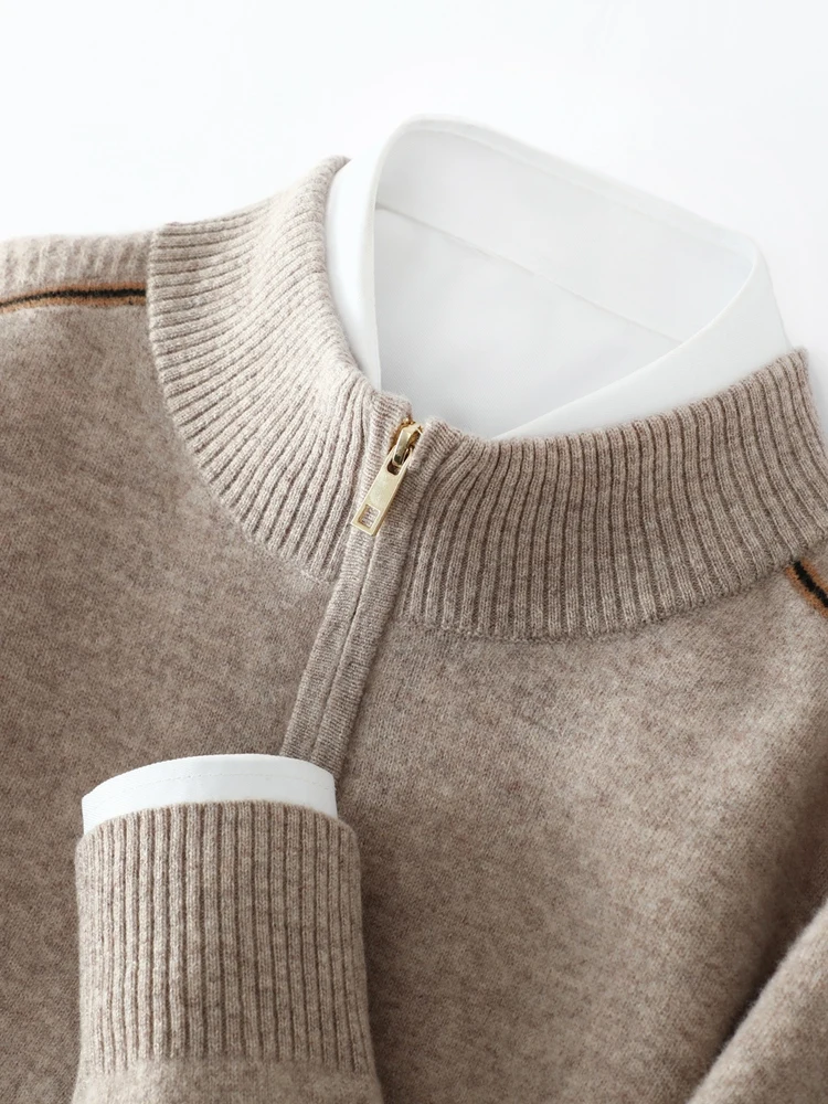 

Men's Wool Sweater Zippers Mock Neck Pullovers 100% Merino Wool Knitwear Autumn Winter Smart Casual Cashmere Soft Male Clothes