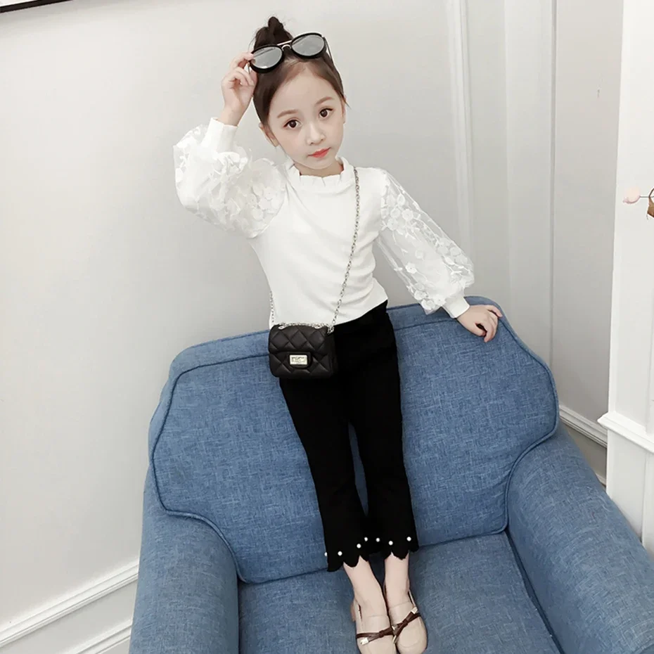 Lace Flower Girl White Blouse School Shirt Floral Childrens Blouse Spring Autumn Korean Clothes Camisas Bordadas Blusa Infantil