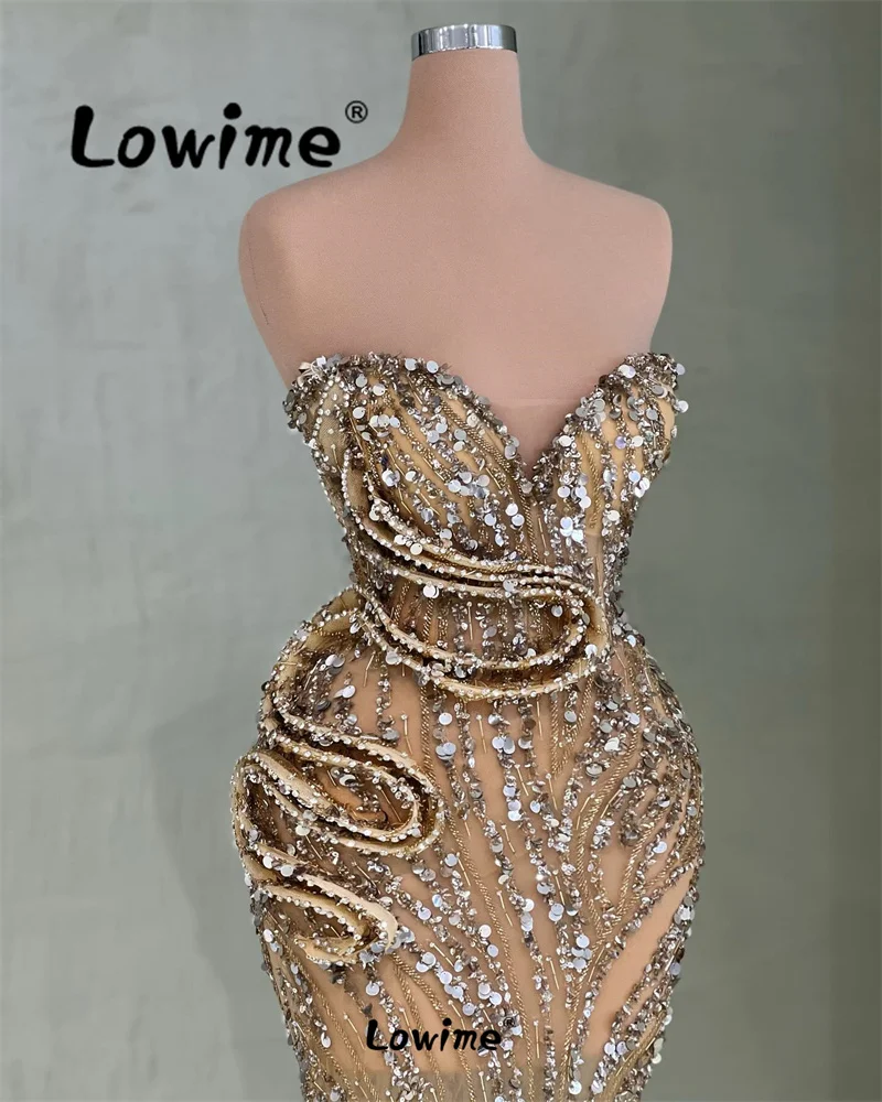 Champagne Evening Dress Arabic Party Second Reception Engagement Gowns Beaded Sequined Mermaid Prom Dresses Long Customize Robes