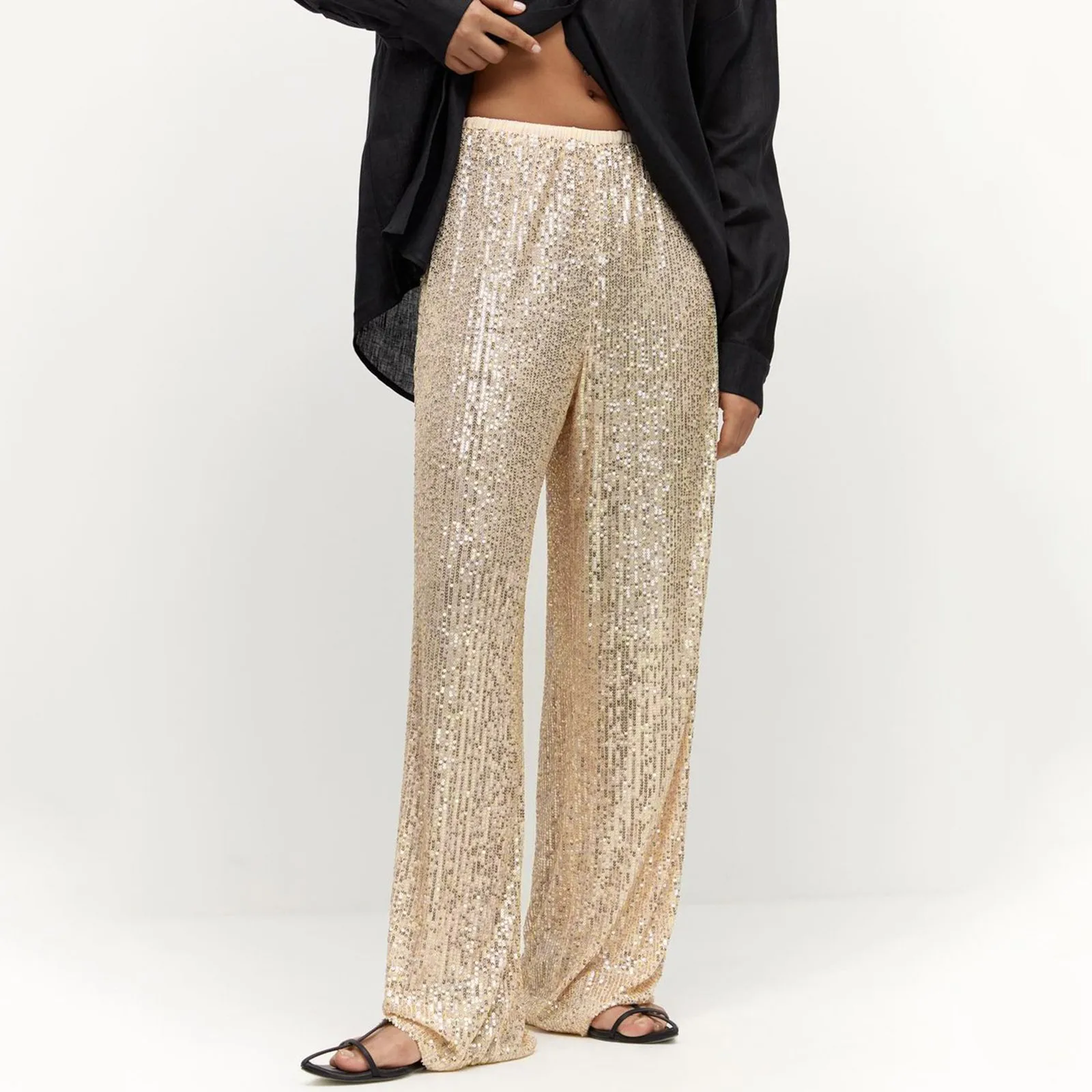 

Women Sequin Flare Pants Sparkly High Waist Wide Leg Bell-bottom Trousers Slim Party Club Shiny Pants Clubwear