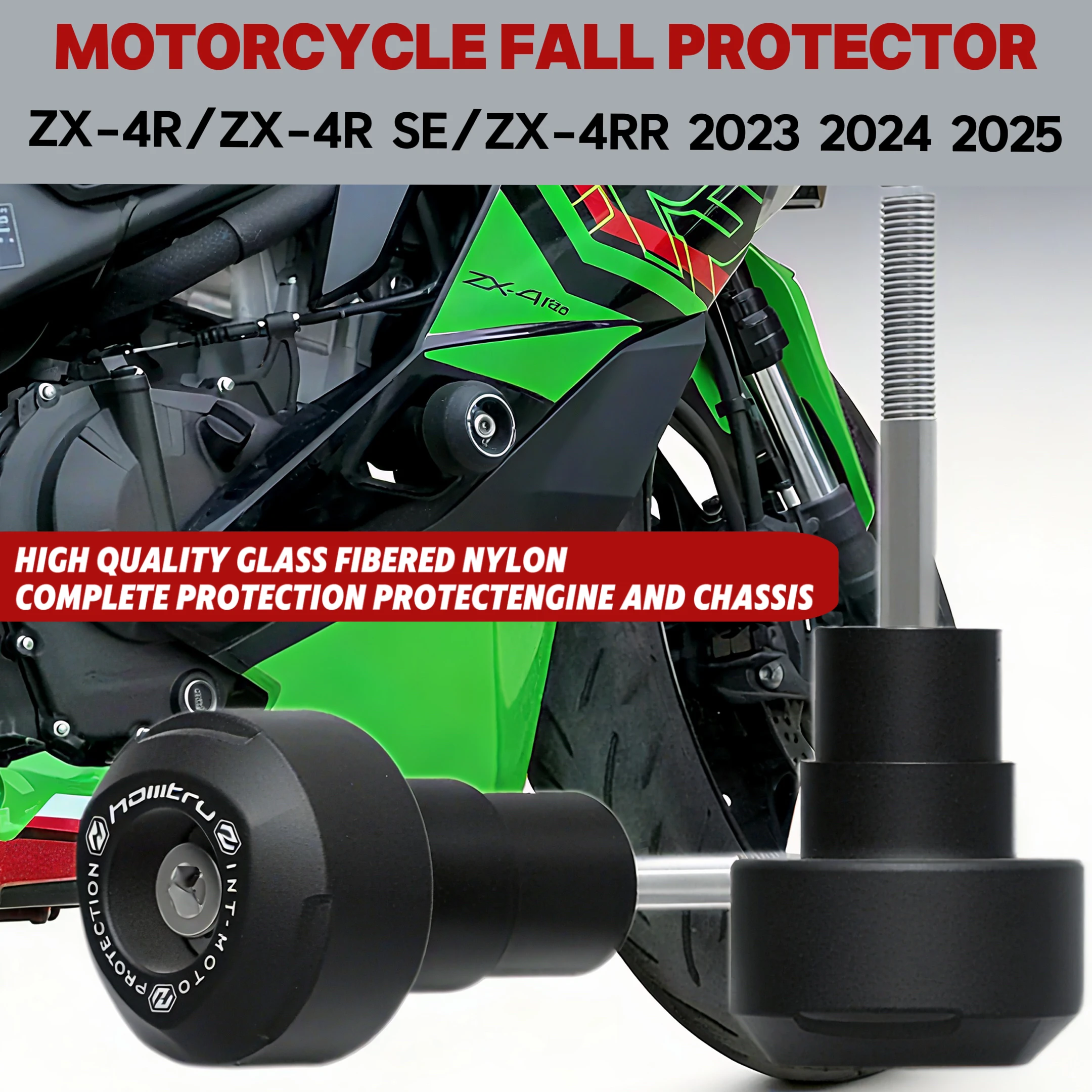 

Защита от падений для мотоциклов Kawasaki ZX-4R, ZX-4RR, ZX-4R SE 2023, 2024, 2025 – слайдеры на раму, защита обтекателя от столкновений