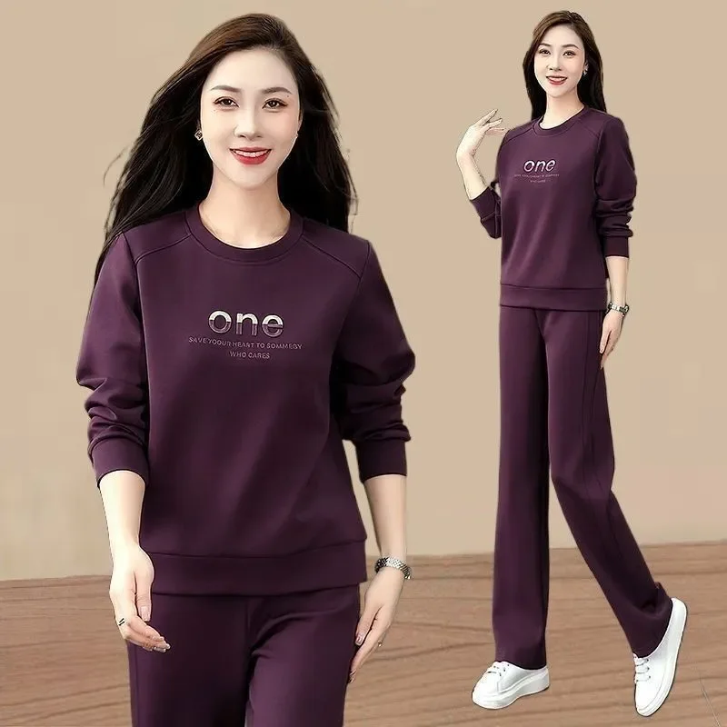 Women Spring Autumn Round Neck Letter Embroidery Sweatshirt Wide Pants Mom Casual Sports Two Piece Set