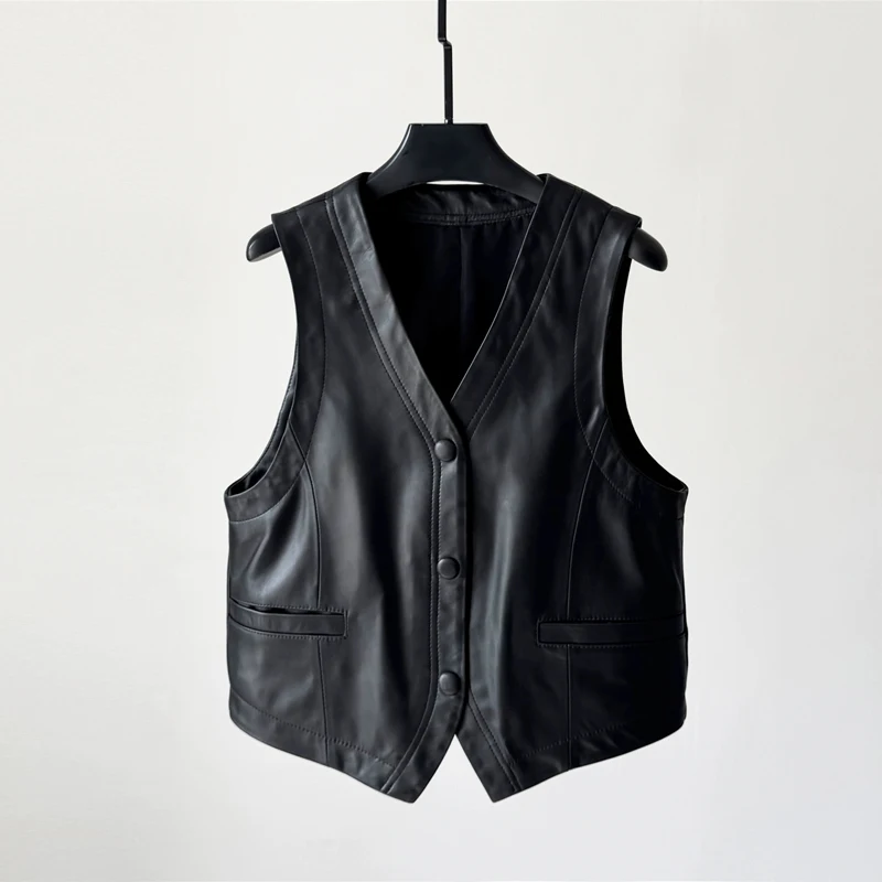 

Women's Real Leather Waistcoat Tops Black Short V-neck Single-breasted Female Sheepskin Sleeveless Slim-fit Casual Vest Jackets